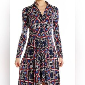 Cache Multi-Color Geometric Print Long Sleeve Shirt Dress Belted Size 14